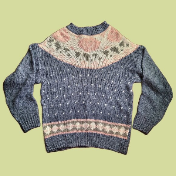 Vintage 80s Floral Fair Isle Hand Knit Sweater Blue Pink Size Oversized Size S - Picture 2 of 8